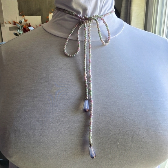 Elegant Multicolor Beaded Stone Lariat Necklace Purple Green Pink - Picture 5 of 9